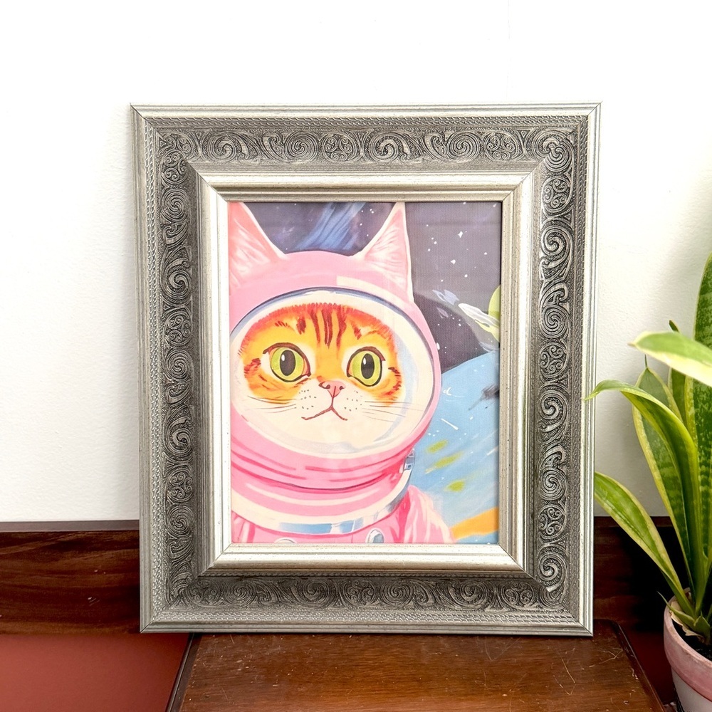 Astronaut Cat Outer Space Quirky Kitty Canvas Art Print Ornate Silver Framed Art